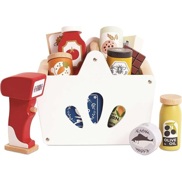 Le Toy Van - TV326 - Wooden Shopping Basket and Scanner Educational Game for Children from 2 Years, 13 Accessories Included, Ecological Game, Montessori, Made from FSC