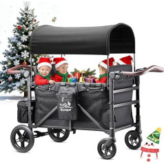 Handcart Foldable with Roof 4 Children, Handcart Foldable Pushchair Baby Handcart with Roof, Removable Tray, 5-Point Harness, Adjustable Handle, High Seat and Large Storage Space, Black