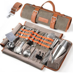 Travel Bartender Set - 22 Piece Bartender Set with Bar Tools, Bartender Accessories, Waxed Canvas Tool Bag - Professional Stainless Steel Bar Tool Set with Standard Measuring Cup