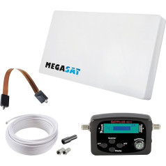 Megasat Flat Antenna Set - D1 Profi-Line (1 Subscriber, Includes 10 m Cable, Satfinder, Window Feed-Out, Interchangeable LNB, Many Mounting Options) - White