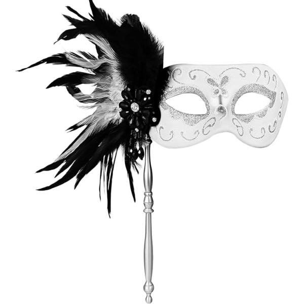Flongo Masquerade Feather Mask with Rod for Women: Venetian Silver Glitter Texture Mask with Crystal for Carnival Halloween Fancy Dress Removable Black Feathers Design Hand-Held White Mask