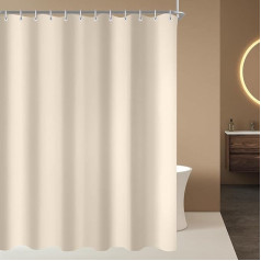 Shower Curtain, 200 x 160 cm, Beige, Weighted Hem, Anti-Mould Textile, Water-Repellent, Washable Polyester Fabric Bath Curtains for Bathroom, Bath with 12 Shower Curtain Rings