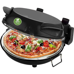 Emerio Pizza Oven, Plate Made of Fireproof Stone, Bakes Pizza in a Short Time (Also for TK Pizza), 31.5 cm Diameter, 1200 Watt, Timer, BPA-Free, Stainless Steel Pizza Server, PM-129032.2, Black