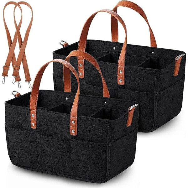 Felt Shopping Basket, 16 L Felt Bag, Shopping Bag with Compartments, Shopper for Outdoor Trips, Picnic, Shopping, Storage, Black, 38 x 23 x 18 cm, Pack of 2