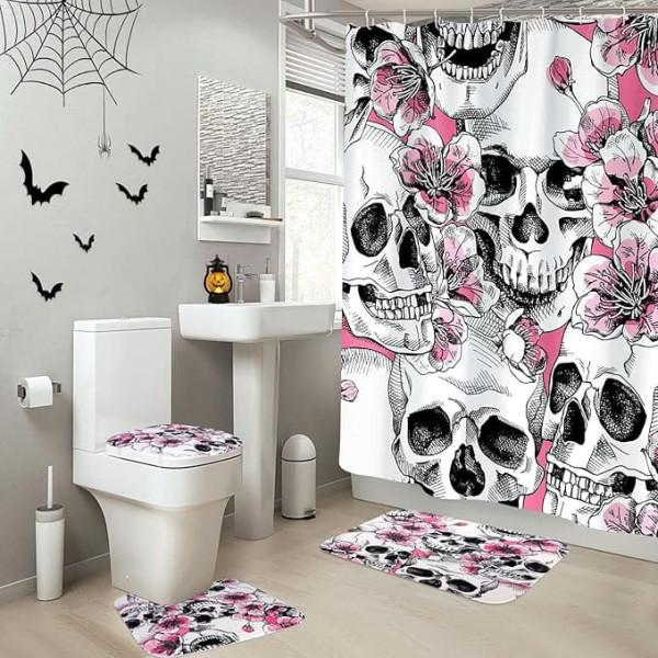 Halloween Skull Shower Curtain, Waterproof, Mould & Mildew Resistant, 100% Polyester Curtains, Bathroom and Toilet Rug Set, 180 x 180 cm, Shower Curtain, Bathroom Mat, Toilet Seat Covers for Lid,