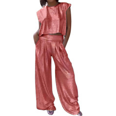 Briskorry 2-Piece Women's Outfits, T-Shirt Wide Trousers, Trouser Suit, Casual Loose Lounge Set, Crew Neck, Sleeveless Jogging Suit, Airy, Comfortable Streatwear, Elegant, Solid, Beach, Holiday