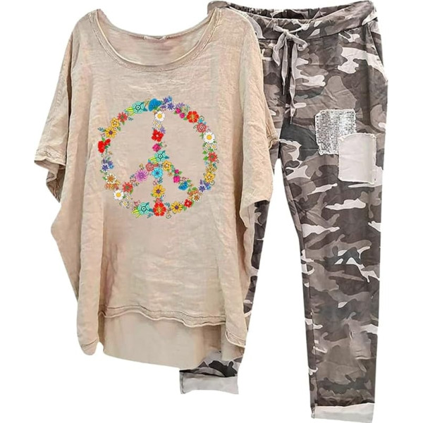 Sommer Outfits Damen, Tshirt und Hose, Hose Anzug Beiläufig Lockere Passform Lounge Set Rundhals Kurzarm Trainingsanzug Luftig Leichte Sportswear Bedruckte Sexy Sport