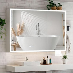 Ereousa Bathroom Mirror Cabinet with Lighting, 80 x 13 x 61 cm, Mirror Cabinets for Bathroom, Mirror Cabinet with Mirror and Shelf, Touch Sensor Switch, White