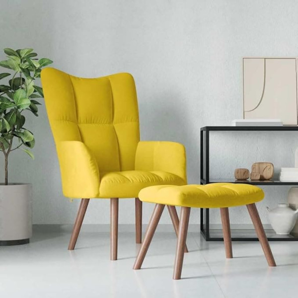 Myheimly Recliner Chair with Stool, Armchair with Steel Frame, Wooden Legs, Relaxing Chair, Upholstered Chair with Armrest, TV Chair, Living Room, Modern Velvet Armchair, Mustard Yellow, with Footrest
