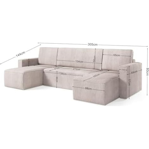M Moderno Meble MODERNO MIMIR U Corner Sofa with Sleep Function and Bed Box, Sofa with +3 Seats, Sofa Bed, Living Landscape U-Shape, Modern Couch, 305 x 144 x 80 cm, Big Sofa XXL, Cream