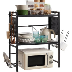 Gamtue Adjustable Microwave Stand, 3-Tier Microwave Rack with 9 Hooks, Roll Holder and Chopping Board Stand for Kitchen Shelves, Counter Organizer, Holds 180 lbs Baker's Racks for Kitchens (Black)