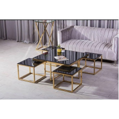 D & Y Living Room Coffee Table Set Luxurious 5 Piece Modern Design High Quality Black Glass with Gold Frame Large Central Table and Smaller Side Tables