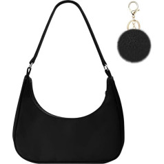 Aucuu Shoulder Bag Women's Handbag, Nylon Retro Armpit Bag with Pom Pom Keyring, Y2k Fashion Clutch Bag with Zip, Gift for Christmas and Birthday