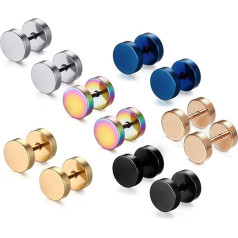 6 Pairs 8 mm Tian Stainless Steel Men's Stud Earrings Hoop Tunnel Earrings for Women Fake Plug Earrings Stainless Steel Men's Pierced Earrings Black Stainless Steel Men's Women's Stud Earrings Set,