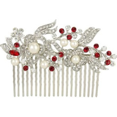 EVER FAITH® Crystal Gatsby Inspired Ivory Color Simulated Pearl Hair Comb - Red-20-Teeth-Silver-Tone