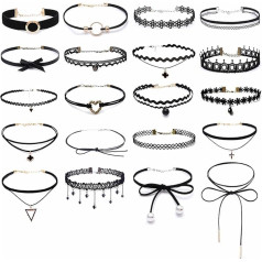 Set of 20 Choker Necklaces Set, Black Velvet Collars, Adjustable Gothic Tattoo Lace Choker Chains, Stretch Velvet Classic for Women, Girls, Birthday, Party, Wedding, Plastic