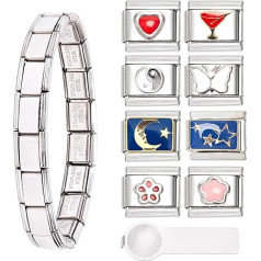 LUOJINYI Italian Charm Bracelet, 8 Additional Italian Charms with Opening Tools, 9 mm Removable Stainless Steel Module Bracelet, Italian Charm Bracelet Charms, Nomination Bracelet