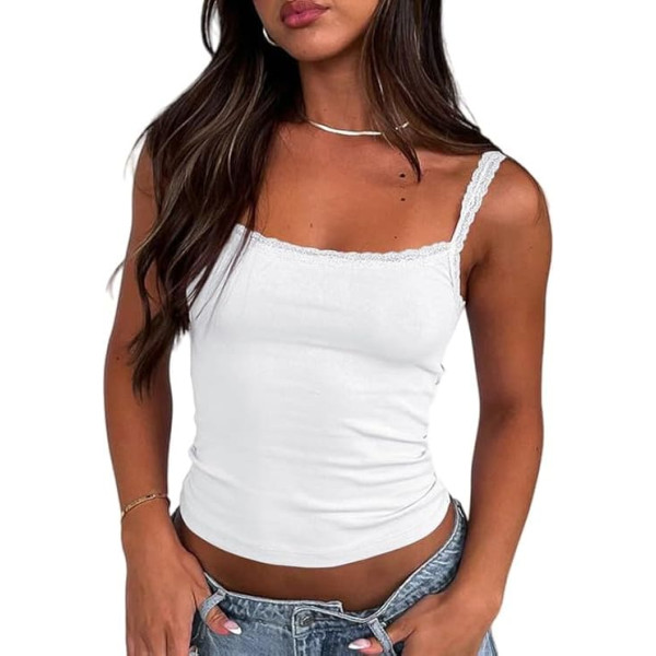 Haibang Tank Top Women's Sexy Ribbed Spaghetti Top Lace Trim Cami Top Sleeveless Tank Tops Slim Fit Crop Top Basic Shirt Camisole Y2K Tops Streetwear