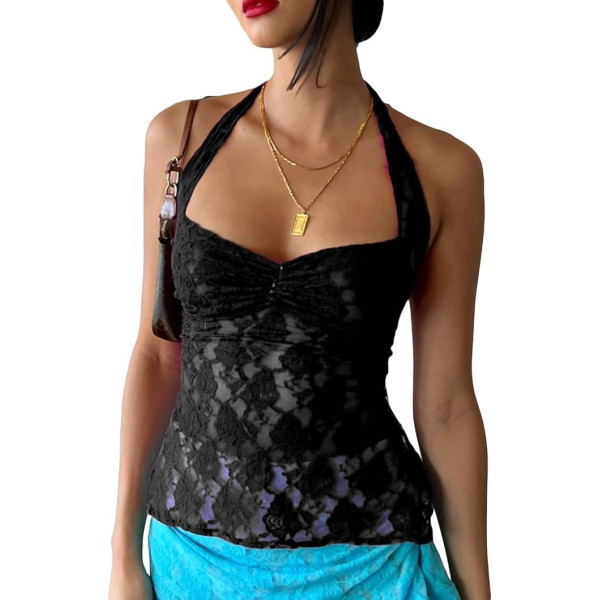 Himllauen Women's Lace Top Sleeveless Halterneck Sexy Top Summer Backless Top Y2k Top for Club Party