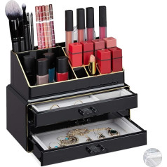 Relaxdays Make Up Organiser, 2-Piece with Jewellery Box, 3 Drawers, Plastic, HBT 18.5 x 23.5 x 15 cm, Black/Gold