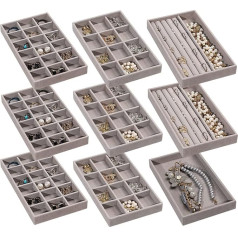 Frebeauty Jewellery Organiser Tray, Stackable Velvet Jewellery Trays, Drawer Inserts, Earring Organiser for Women, Girls, Jewellery Storage Display Case for Rings, Stud Necklaces, Set of 9 (Grey)