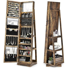 GOPLUS 3-in-1 Jewellery Cabinet with Mirror, Mirror Cabinet Standing, 360° Rotatable, Lockable, Standing Mirror Jewellery Organiser with Large Storage Space & Storage Compartments for Bedroom (Brown)