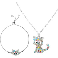 Prasacco Pack of 2 Cat Jewellery for Girls, Cute Cat Necklace and Cat Bracelet Set with Sparkling Rhinestones, Cat Pendant Necklace for Girls, Cats Jewellery, Gifts for Girls, Women, Alloy and