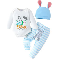 Easter Bunny Baby Clothing Set 3 Pieces Baby Boys Girls Easter Clothing Bunny Outfit Newborn Soft Baby Set My First Easter Long Sleeve Bodysuit Romper + Trousers + Rabbit Hat Easter Gifts