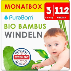PureBorn 112 Nappies Size 3 (5-8 kg), Ultra Absorbent, Hypoallergenic, Soft & Gentle for Babies (4-7 Months), Dermatologically Tested, Leak-Proof, Environmentally Friendly, Bamboo