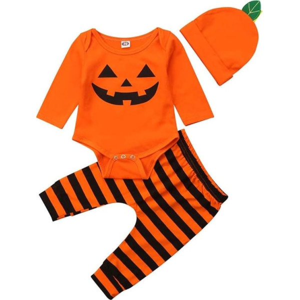 Newborn Children's Halloween Costume Child Costumes Cute Pumpkin Print Baby Girls Boys Playsuit Long Sleeve Letter Romper Bodysuit Tops Trousers Hat Outfits Dresses Set for 0-18 Months