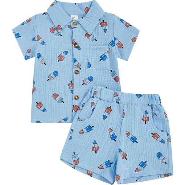 Toddler Baby Boys 4th of July Outfits Ice Cream Print Cotton Linen Short Sleeve Button Down Shirt and Shorts 2 Piece Set