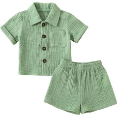 YILEEGOO Kleinkind Baby Jungen Baumwoll-Leinen-Outfit Sommerkleidung Kurzarm Knopfleiste Kleid Hemd Tops Tasche Shorts Set 2-teilig, Grün 01, 5-6 Years