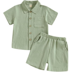 YILEEGOO Kleinkind Baby Jungen Baumwoll-Leinen-Outfit Sommerkleidung Kurzarm Knopfleiste Kleid Hemd Tops Tasche Shorts Set 2-teilig, grün, 3-4 Years
