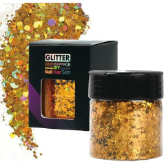 Dibotell 50 g Holographic Chunky Glitter, 0.2 + 1 + 2 + 3 mm Metallic Glitter Powder, Sequins, Craft Glitter for Resin, Chunck Glitter Flakes for Nails, Hair, Face, Body, Cosmetics (Laser Gold)