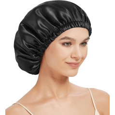 22 Momme Silk Cap for Sleeping, 100% Mulberry Silk, Silk Bonnet Sleep Cap for Curly Hair, Double Hair Cap (DE/NL/SE/PL, Alphanumeric, One Size, Black)