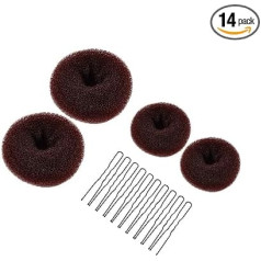 Hair Bun Donut, 4 Pieces Hair Bun Maker Set, Hair Bun Ring, Ballet Hair Donut for Girls and Kids, Hair Bun Ring with 10 Hairpins for Chignon Ballet Dancer, Dark Brown