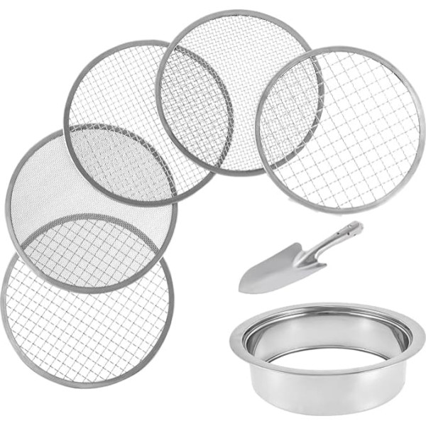 BOBASH Gartensieb, Erdsieb Set Edelstahl Garten Potting Mesh Sieb Siebpfanne mit 5 austauschbaren Siebeinsätzen (1,3,6,9,12mm) mit Spaten für Erde, Unkraut, Katzenstreu, Kompost