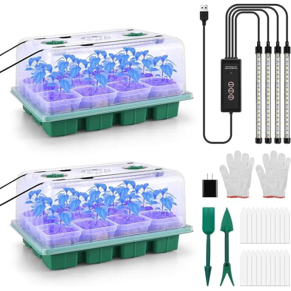 BlumWay Indoor Greenhouse Propagator with Plant Lamp, 2 Pieces, 24 Cell Seedling Tray with Humidity Dome, Reusable Propagation Plate, Mini Greenhouse Small Propagation Set