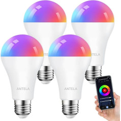 ANTELA Alexa Light Bulb E27 A65 12 W 1350 LM Smart WLAN LED RGB Dimmable Bulb Lamp, App Control Compatible with Google Home, Warm White (2700 K) Cool White (6500 K) Light, 4 Pieces