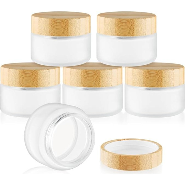 Glass Bamboo Jars with Lids, Empty Round Frosted Glass Holder with Liner, Small Travel Cosmetic Jars for Moisturizer, Foundation, Lotion, Cream, Body Butter, Candle Making, 6