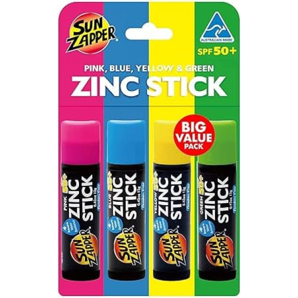 Sun Zapper Zinc Oxide Mineral Sunscreen Pen (Pink, Blue, Green, Yellow) SPF 50+ Waterproof for Face & Body, Adults, Children, 4 Pack Wide Spectrum Colour Sun Protection - Australian Sun Cream
