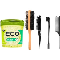 Styling Gel Bundle - Eco Style Olive Oil Eco Gel (236ml), Amara Boar Bristle Hair Brush & Slick Back Hair Brush Set - Eco Hair Gel for Smooth Styles, Curl Gel for Curly Hair &