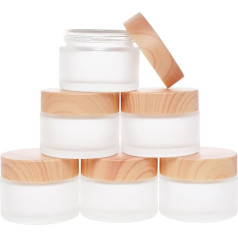 Glass Cosmetic Container with Wooden Lid, Refillable Frosted Glass Cream Container with Leakproof Lid, Empty Sample Jar for Makeup, Lotions, Creams, Exfoliating Cream, Home, Travel, 6