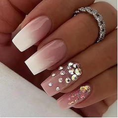 French False Nails Rhinestone Press on Nails Pink Gradient Stick on Nails Artificial Rusable Fake Nails 24pcs for Women and Girls, with solid glue, nail lamp