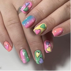 Square False Nails Pink Short Fake Nails Colour Heart Press on Nails Artificial Reusable Stick on Nails 24pcs for Women and Girls，With solid glue, nail lamp(Multi-colored)