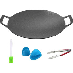 Non Stick Round Baking Pan Korean, Korean Grill Pan for Indoor Cooking, Round BBQ Griddle with Dual Handles & Clip for Home Kitchen Camping Travel (800g,Black)