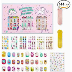 144 Pieces Stick-on Nails for Children Acrylic False Nails Prelucky Full Cover Glitter Colour Gradient Animal Short False Nail Art Kits Sets Valentine's Day Gifts for Children Girls