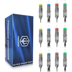 Poseidon Tattoo Cartridge Needles 50 Pieces Assorted Mixed Size Round Liner 12 Standard 3rl 5rl 7rl 9rl 11rl Disposable Membrane Tattoo Needles Long Taper for Makeup