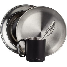 Black Snake® Flat and Deep Camping Picnic Plate with Cutlery Plus Carabiner Hook Cup Stainless Steel