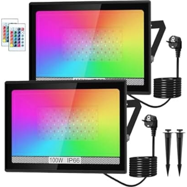 LED Outdoor Spotlight, 100 W RGB Spotlight with Remote Control, LED Floodlight, Colour Changing Spotlight with 16 Colours, 4 Modes, IP66 Waterproof Floodlight for Gardens, Courtyards (2 Pack)